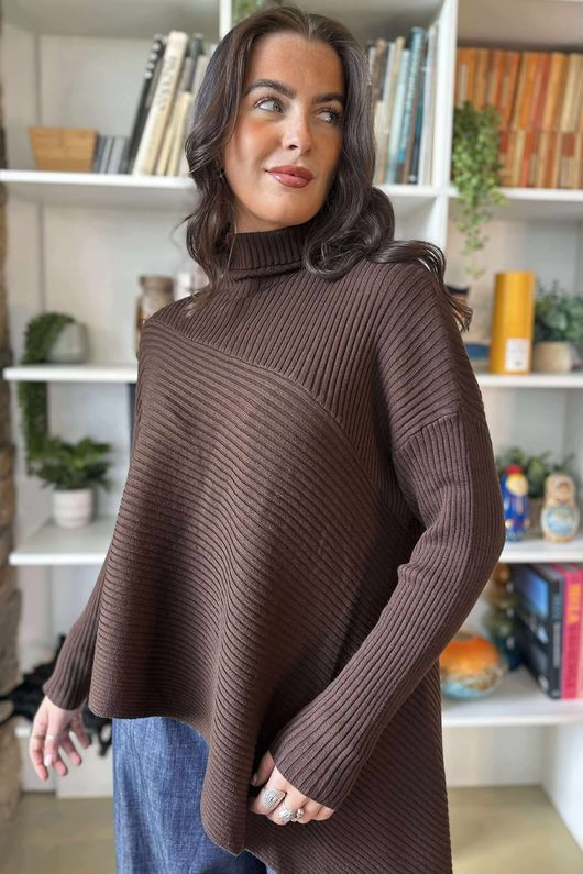 Bowie Asymmetric Turtle Neck Ribby Knit Chocolate